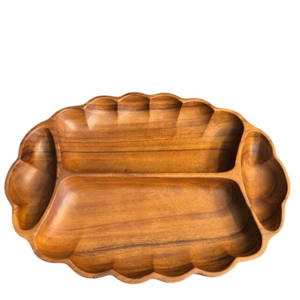 Vintage Monkey Pod Wood Scalloped Divided Serving Tray Platter Hand Carved MCM
